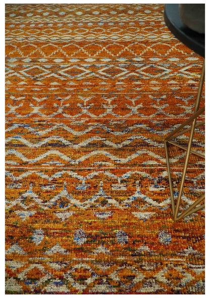 Hand Knotted Gold, Rust and Ivory Modern Contemporary Tribal Trellis Recycled Silk Area Rug.