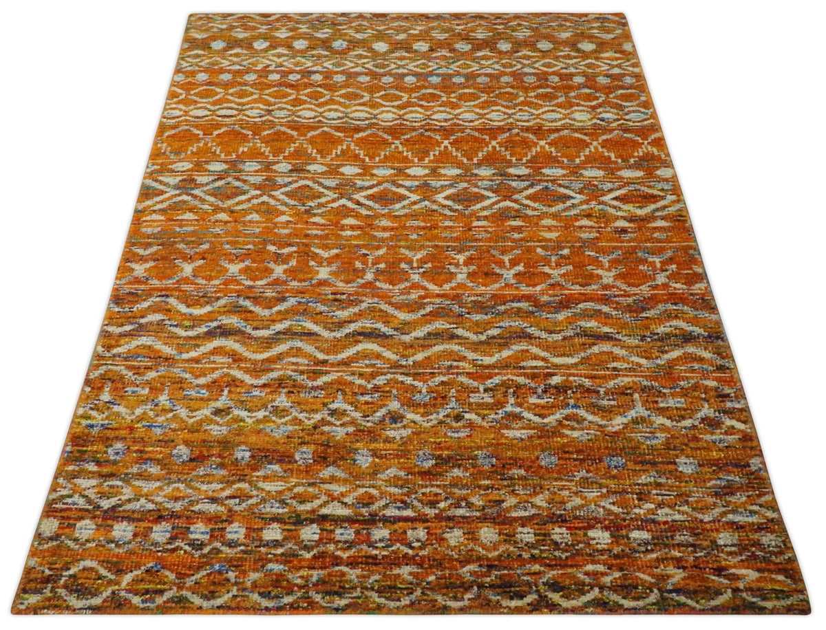 Hand Knotted Gold, Rust and Ivory Modern Contemporary Tribal Trellis Recycled Silk Area Rug.