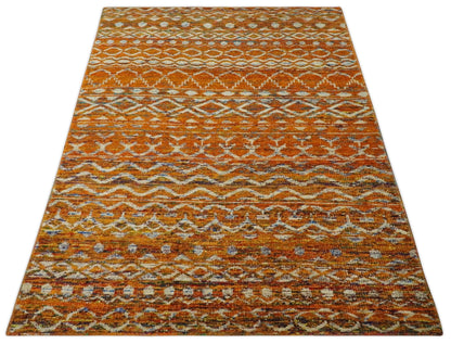 Hand Knotted Gold, Rust and Ivory Modern Contemporary Tribal Trellis Recycled Silk Area Rug.