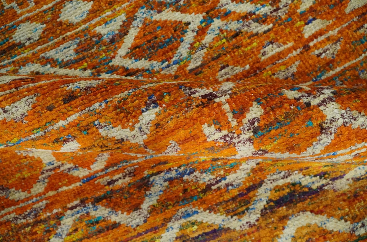 Hand Knotted Gold, Rust and Ivory Modern Contemporary Tribal Trellis Recycled Silk Area Rug.
