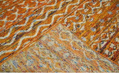 Hand Knotted Gold, Rust and Ivory Modern Contemporary Tribal Trellis Recycled Silk Area Rug.