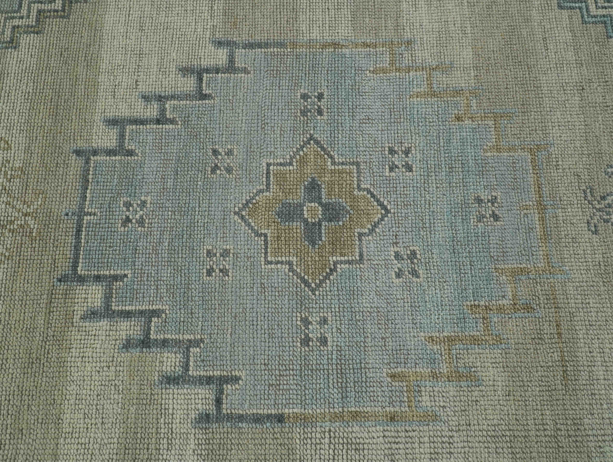 Traditional Medallion Design Blue and Beige Hand Knotted Wool Rug Custom Made.