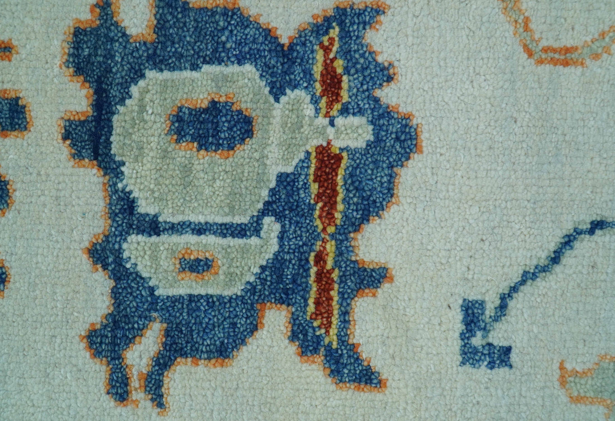 Modern Oushak Ivory And Blue Hand Knotted Wool Rug.