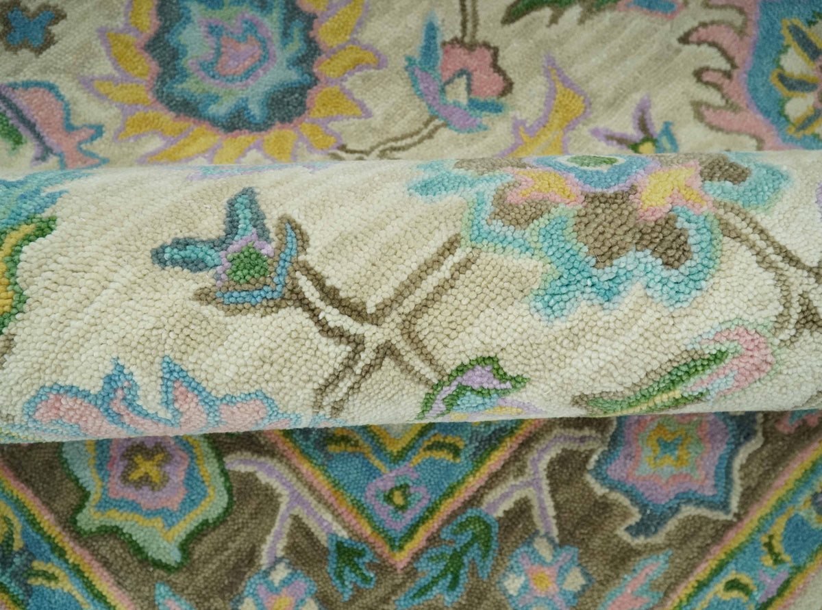 Custom Made Beige, Blue and Purple Traditional Floral Hand Tufted wool rug.