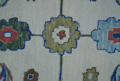 Custom Made Modern Oushak Ivory And Blue Hand Tufted Wool Area Rug.