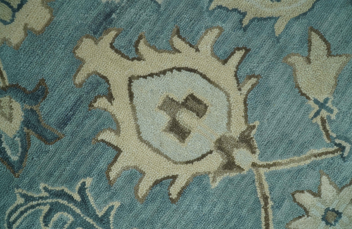 Custom Made Aqua, Ivory and Beige Hand Tufted Oriental Oushak wool area rug.