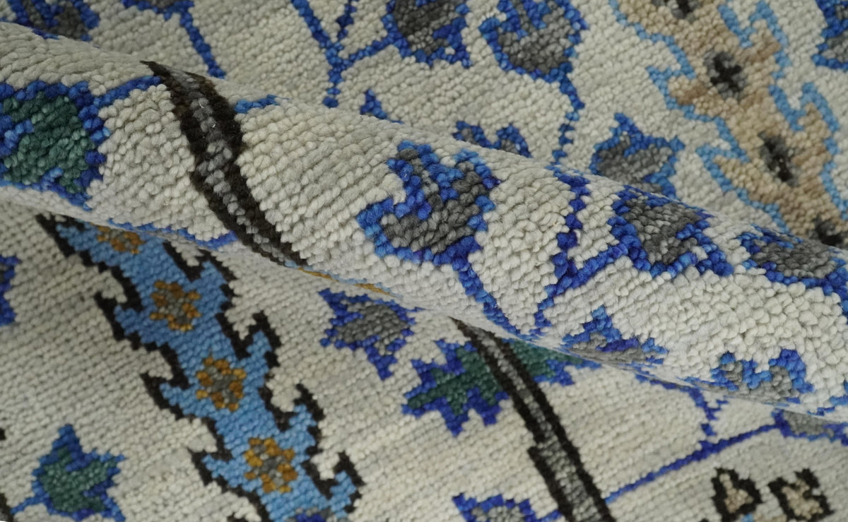 Custom Made Tree of life Hand Knotted Antique Ivory, Blue and Gray Wool area Rug.