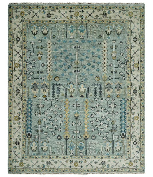 Hand Knotted Traditional Aqua and Ivory Antique Oushak Custom Made Wool Area Rug.