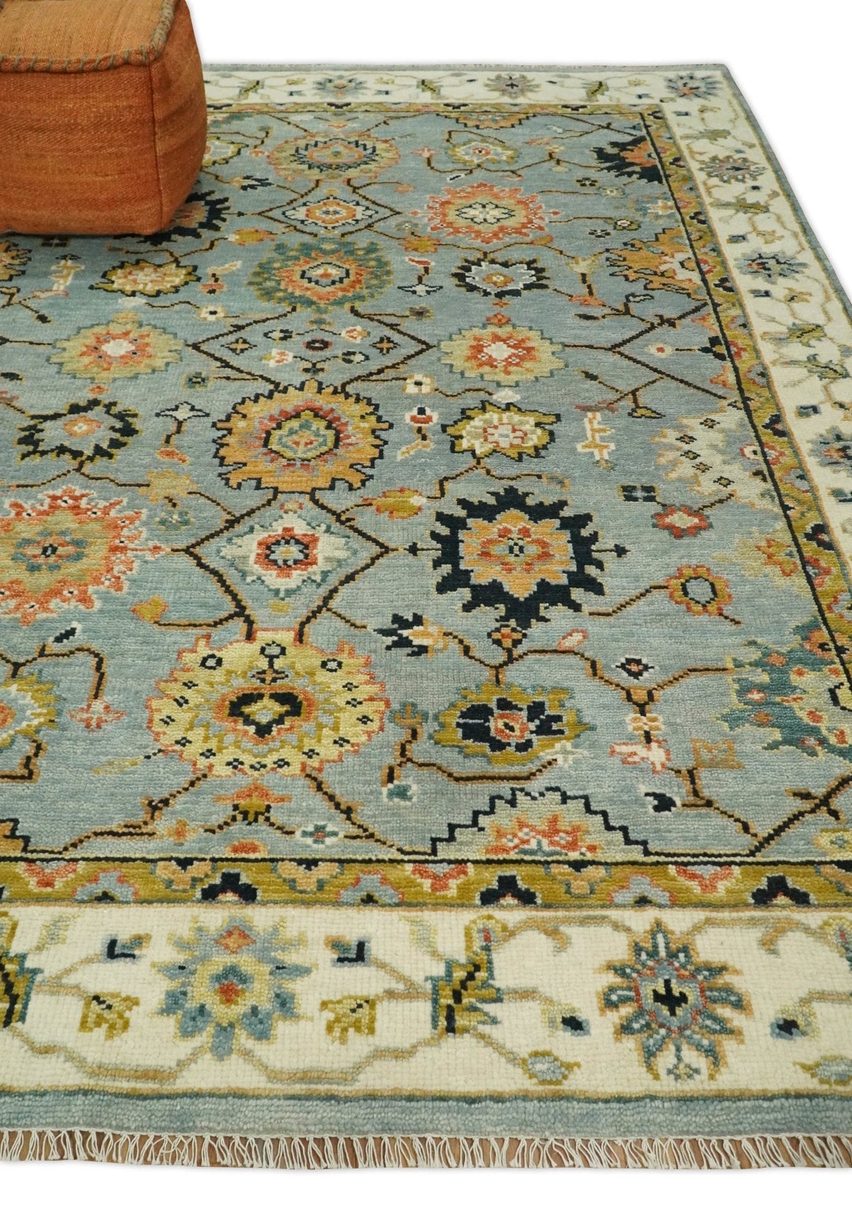 Antique Traditional Silver and Ivory Hand Knotted Oriental Oushak Multi Size wool Area Rug.
