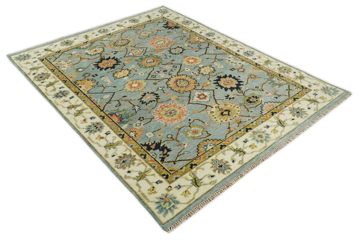 Antique Traditional Silver and Ivory Hand Knotted Oriental Oushak Multi Size wool Area Rug.