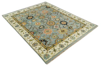 Antique Traditional Silver and Ivory Hand Knotted Oriental Oushak Multi Size wool Area Rug.