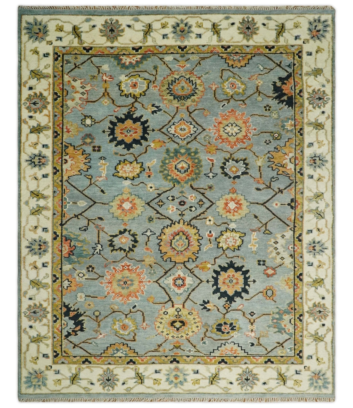 Antique Traditional Silver and Ivory Hand Knotted Oriental Oushak Multi Size wool Area Rug.