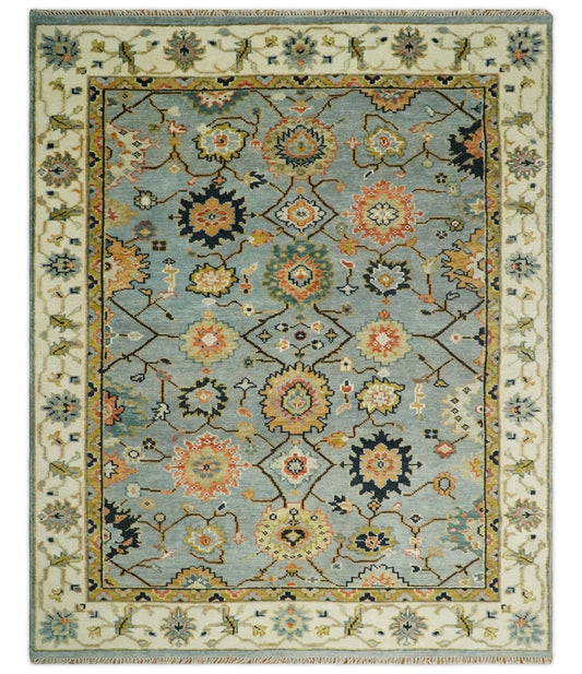 Antique Traditional Silver and Ivory Hand Knotted Oriental Oushak Multi Size wool Area Rug.