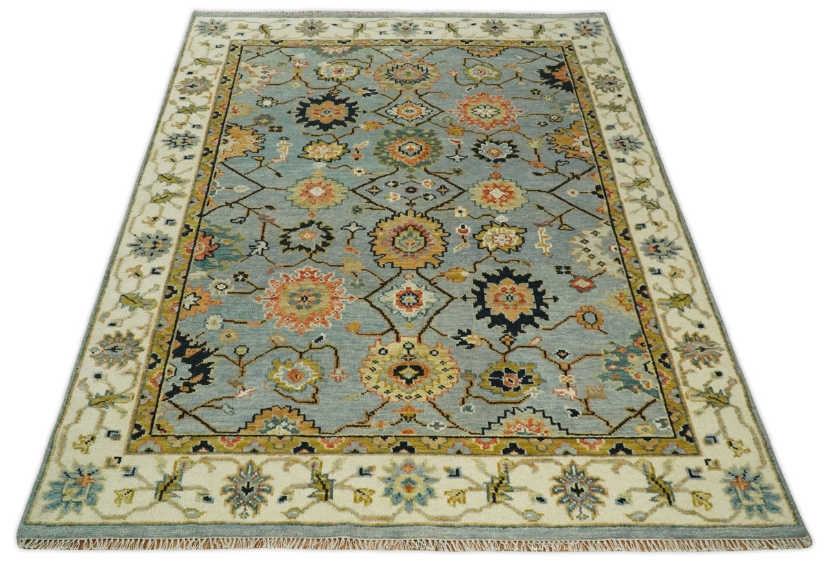 Antique Traditional Silver and Ivory Hand Knotted Oriental Oushak Multi Size wool Area Rug.