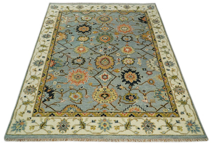 Antique Traditional Silver and Ivory Hand Knotted Oriental Oushak Multi Size wool Area Rug.