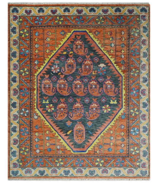 Charcoal And Rust Traditional Design Heriz Hand Knotted wool Area Rug.