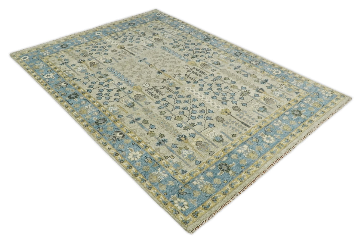 Tree of life Beige and Blue Traditional Hand Knotted Multi Size Wool Area Rug.