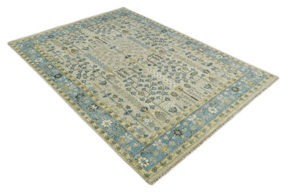 Tree of life Beige and Blue Traditional Hand Knotted Multi Size Wool Area Rug.