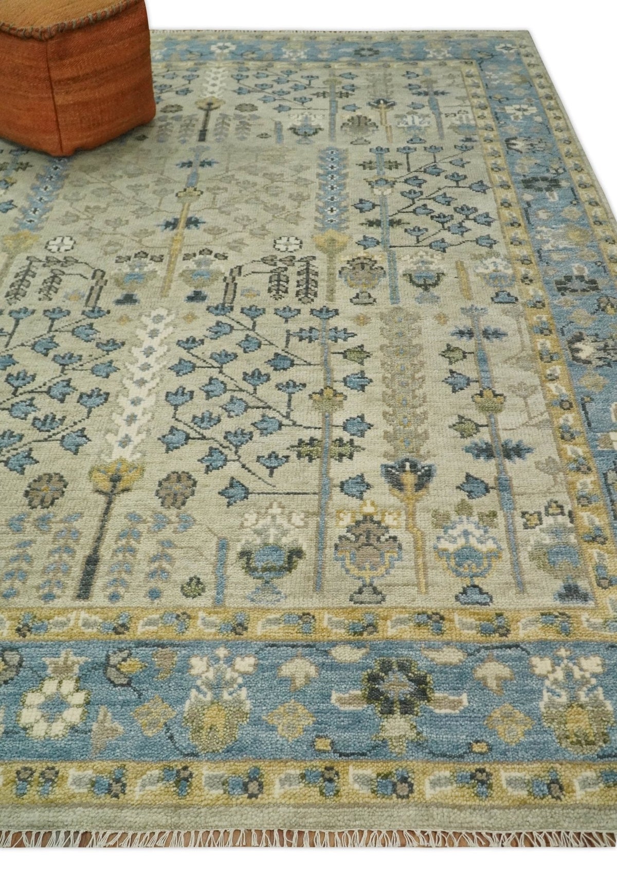 Tree of life Beige and Blue Traditional Hand Knotted Multi Size Wool Area Rug.