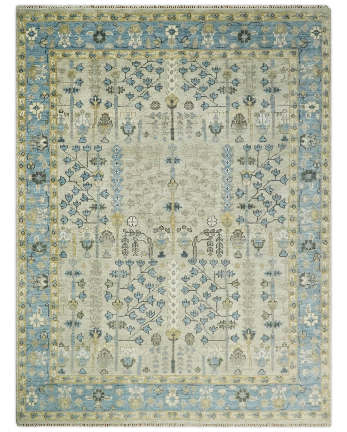 Tree of life Beige and Blue Traditional Hand Knotted Multi Size Wool Area Rug.
