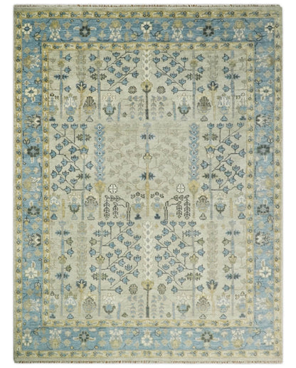 Tree of life Beige and Blue Traditional Hand Knotted Multi Size Wool Area Rug.