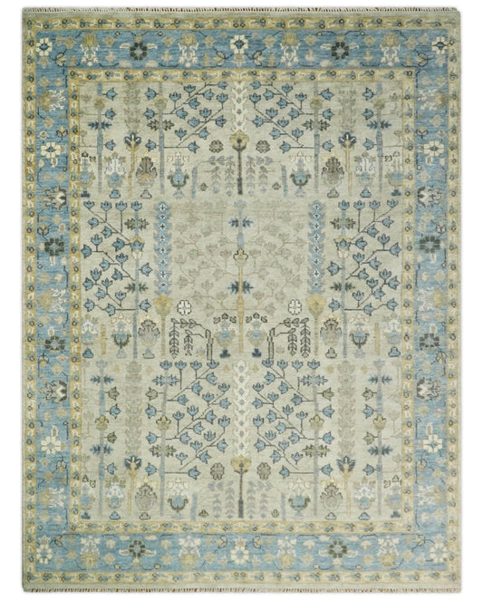 Tree of life Beige and Blue Traditional Hand Knotted Multi Size Wool Area Rug.