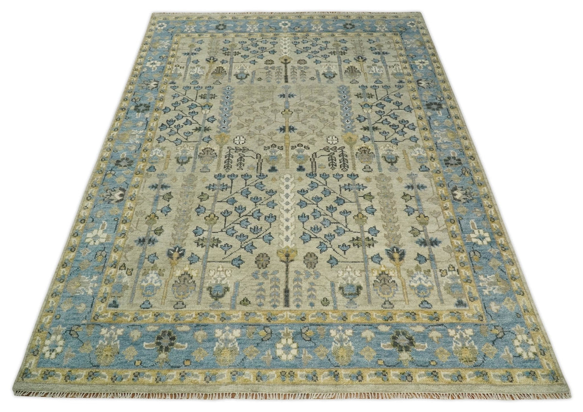 Tree of life Beige and Blue Traditional Hand Knotted Multi Size Wool Area Rug.