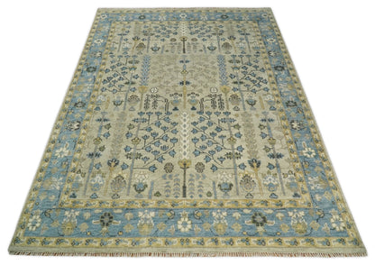 Tree of life Beige and Blue Traditional Hand Knotted Multi Size Wool Area Rug.