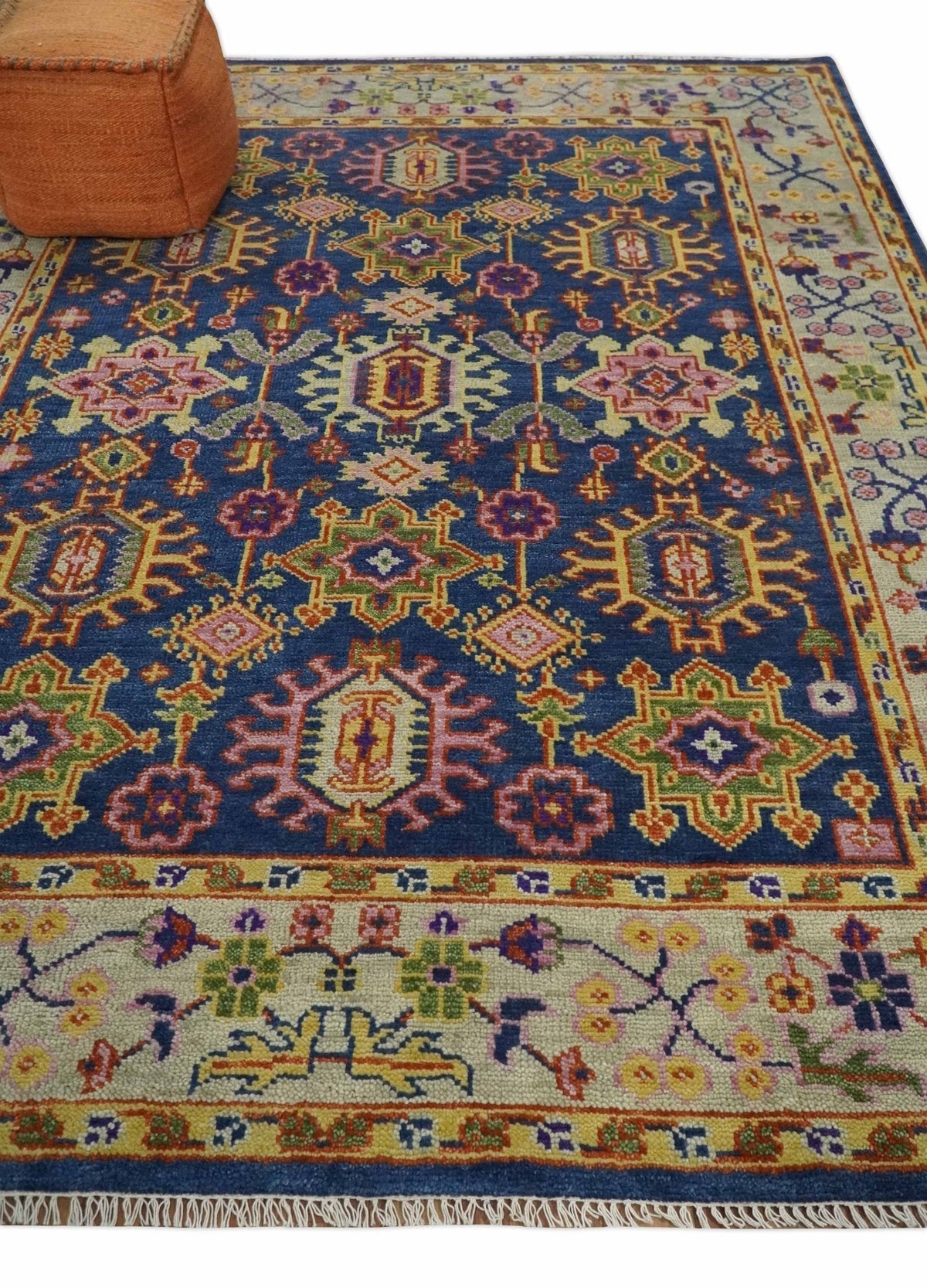 Custom Made Hand Knotted Blue, Gold and Beige Oriental Oushak wool Area Rug.