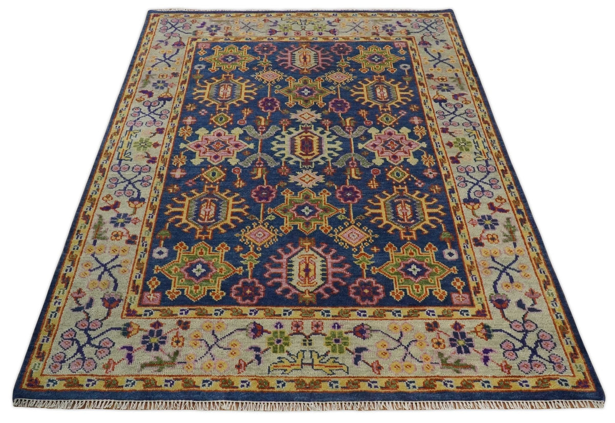 Custom Made Hand Knotted Blue, Gold and Beige Oriental Oushak wool Area Rug.