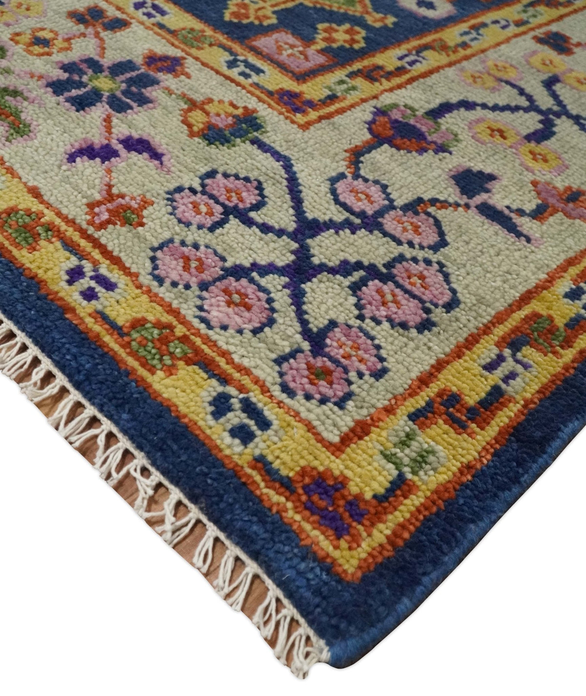 Custom Made Hand Knotted Blue, Gold and Beige Oriental Oushak wool Area Rug.
