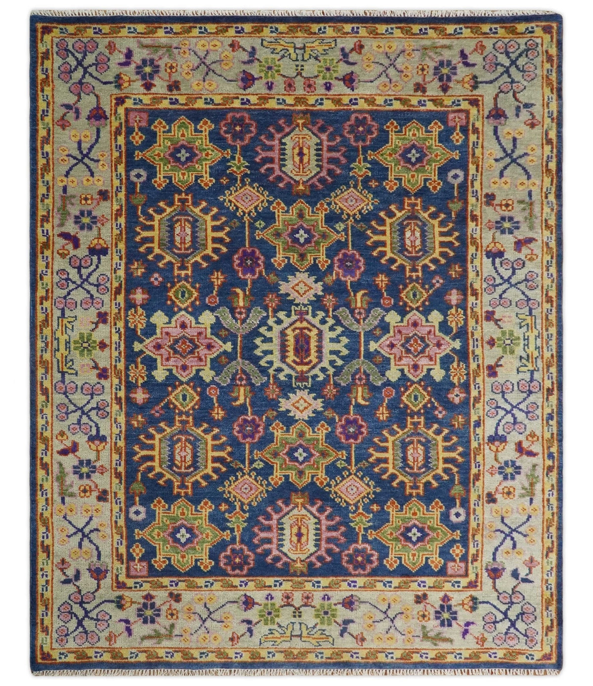 Custom Made Hand Knotted Blue, Gold and Beige Oriental Oushak wool Area Rug.
