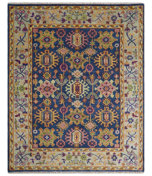 Custom Made Hand Knotted Blue, Gold and Beige Oriental Oushak wool Area Rug.