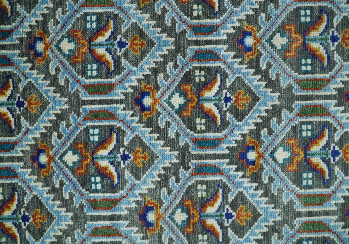Charcoal And Blue Traditional Hand Knotted Multi Size Wool area Rug.
