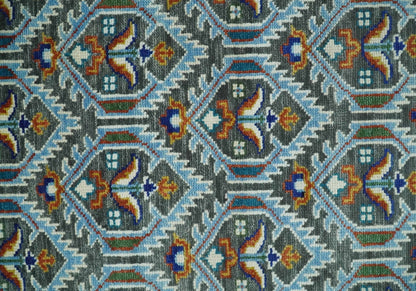 Charcoal And Blue Traditional Hand Knotted Multi Size Wool area Rug.