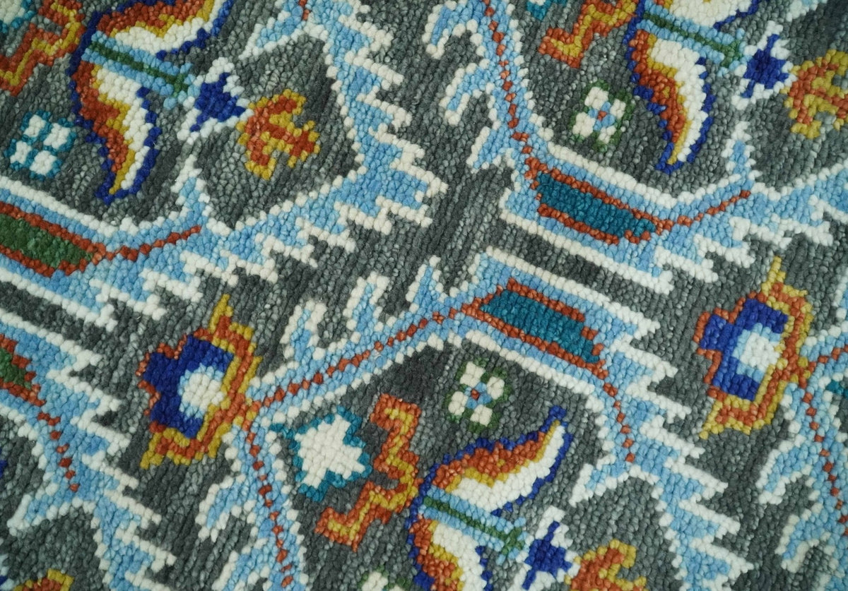 Charcoal And Blue Traditional Hand Knotted Multi Size Wool area Rug.