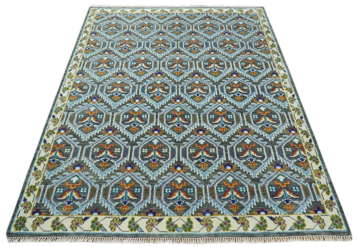 Charcoal And Blue Traditional Hand Knotted Multi Size Wool area Rug.