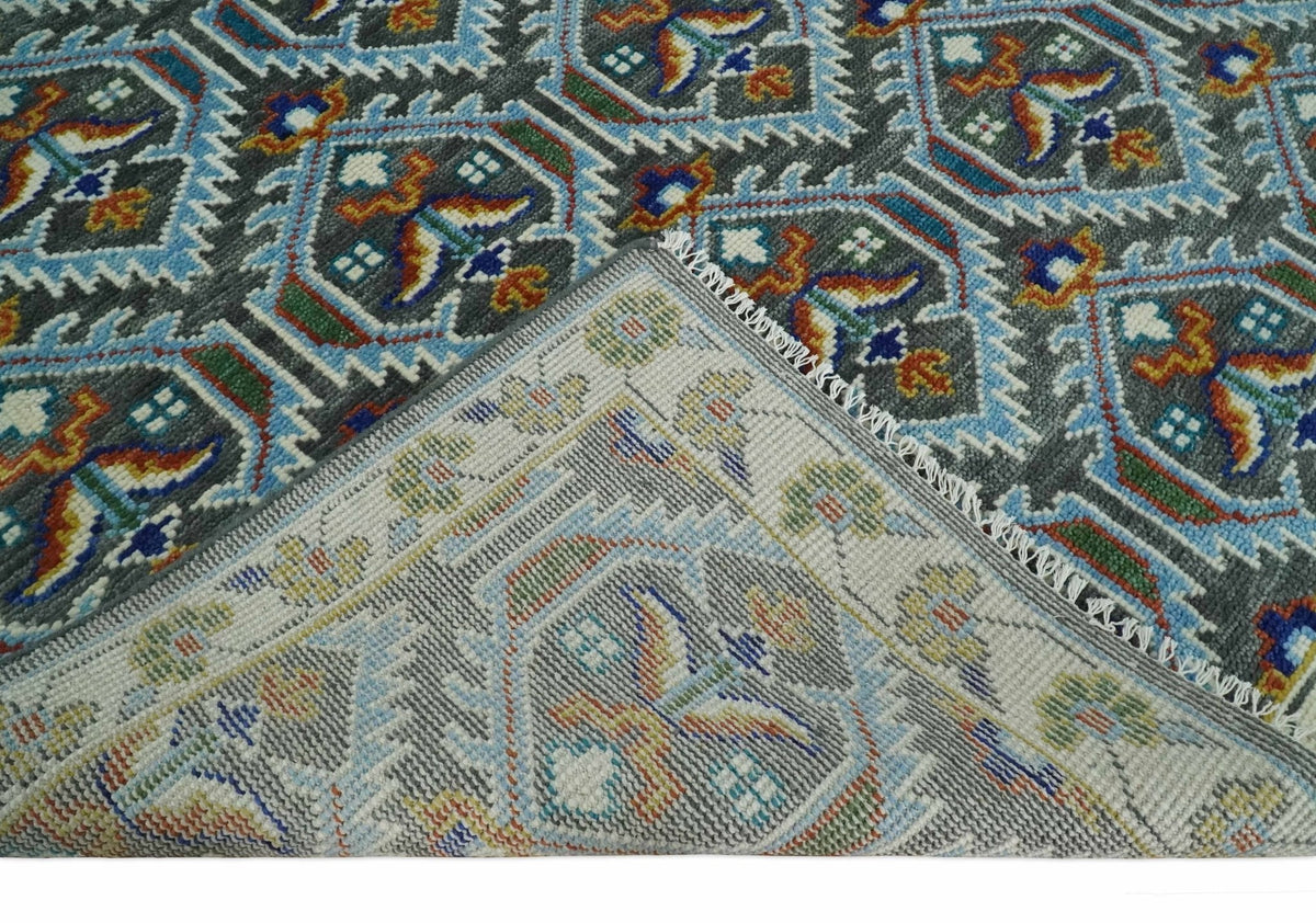 Charcoal And Blue Traditional Hand Knotted Multi Size Wool area Rug.