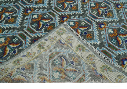 Charcoal And Blue Traditional Hand Knotted Multi Size Wool area Rug.