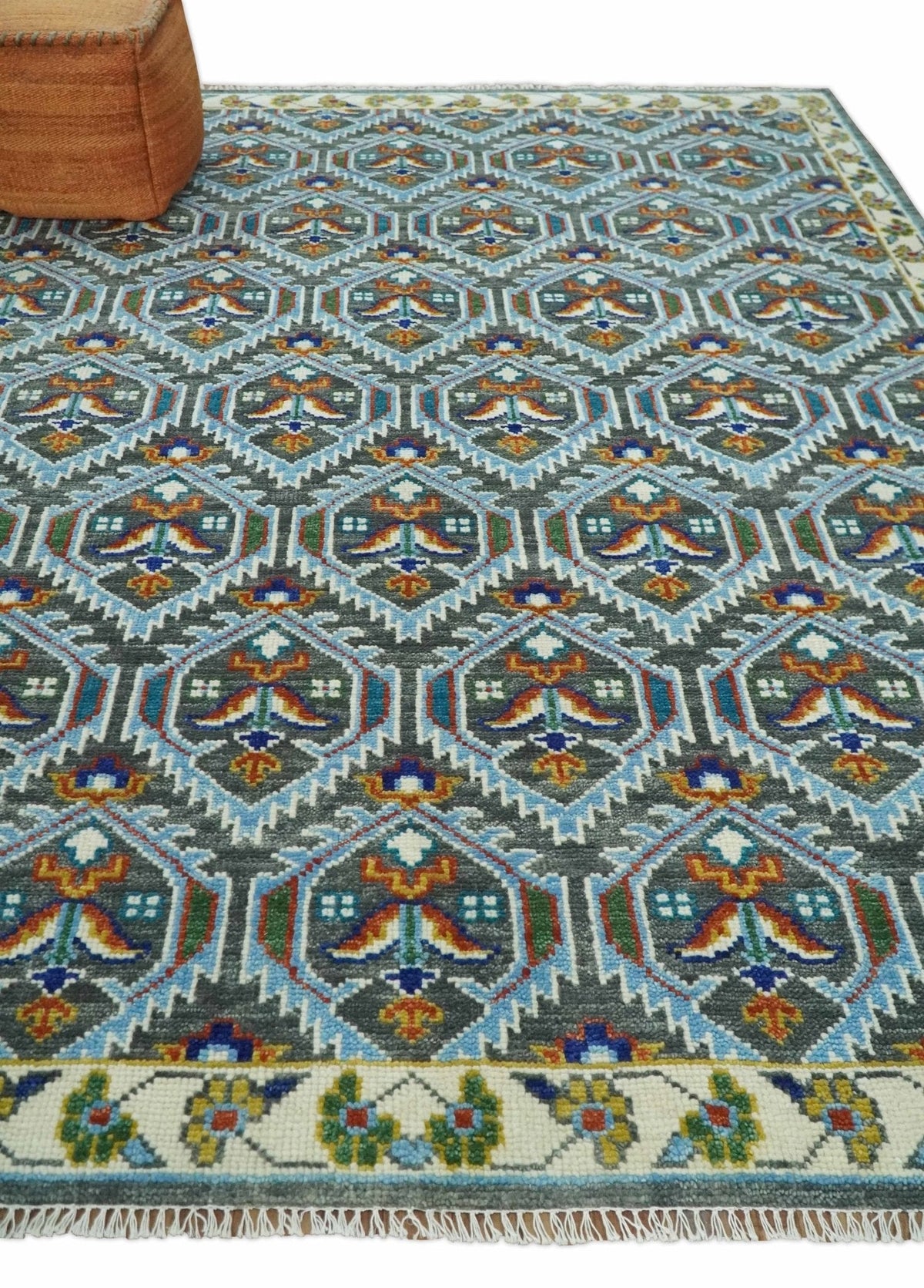 Charcoal And Blue Traditional Hand Knotted Multi Size Wool area Rug.