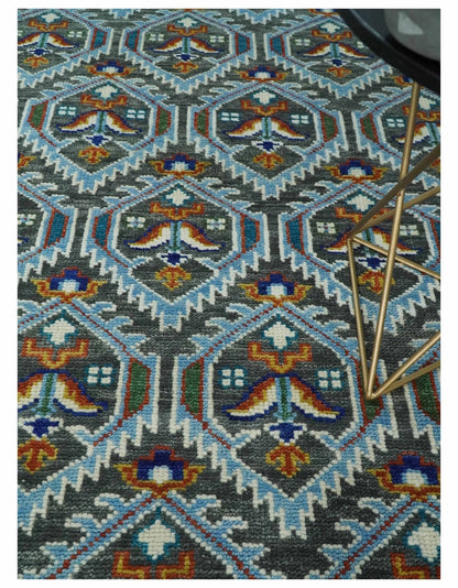 Charcoal And Blue Traditional Hand Knotted Multi Size Wool area Rug.