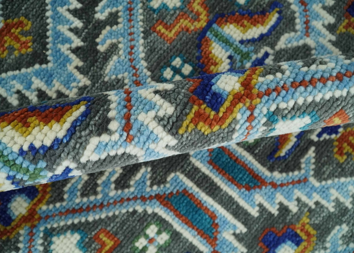 Charcoal And Blue Traditional Hand Knotted Multi Size Wool area Rug.