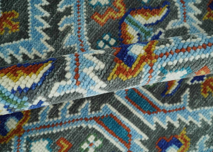 Charcoal And Blue Traditional Hand Knotted Multi Size Wool area Rug.