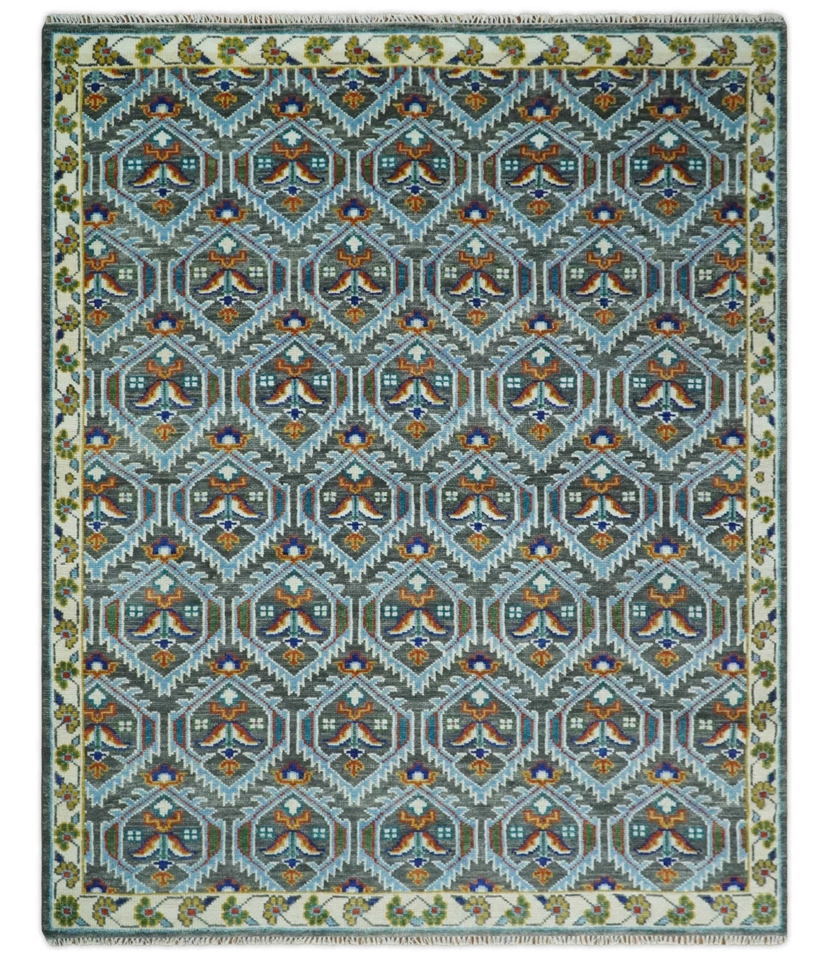 Charcoal And Blue Traditional Hand Knotted Multi Size Wool area Rug.