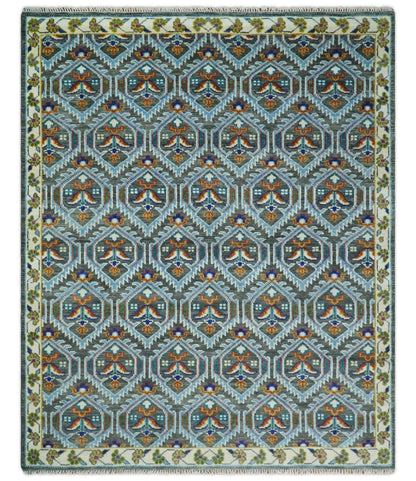 Charcoal And Blue Traditional Hand Knotted Multi Size Wool area Rug.