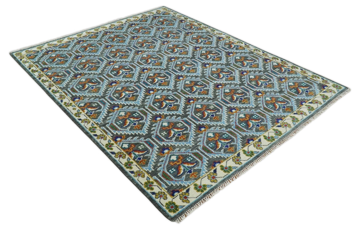 Charcoal And Blue Traditional Hand Knotted Multi Size Wool area Rug.