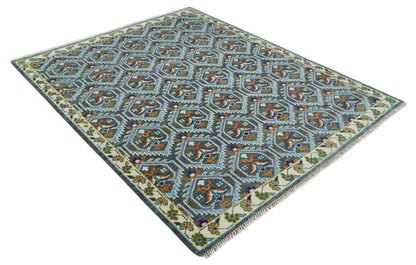 Charcoal And Blue Traditional Hand Knotted Multi Size Wool area Rug.