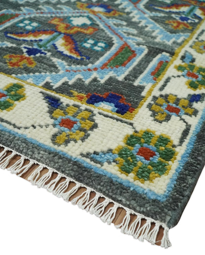Charcoal And Blue Traditional Hand Knotted Multi Size Wool area Rug.