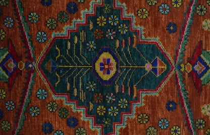 Hand Knotted Rust and Blue Traditional Floral Multi Size Wool Area Rug.