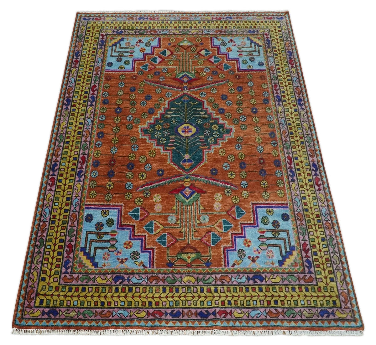 Hand Knotted Rust and Blue Traditional Floral Multi Size Wool Area Rug.